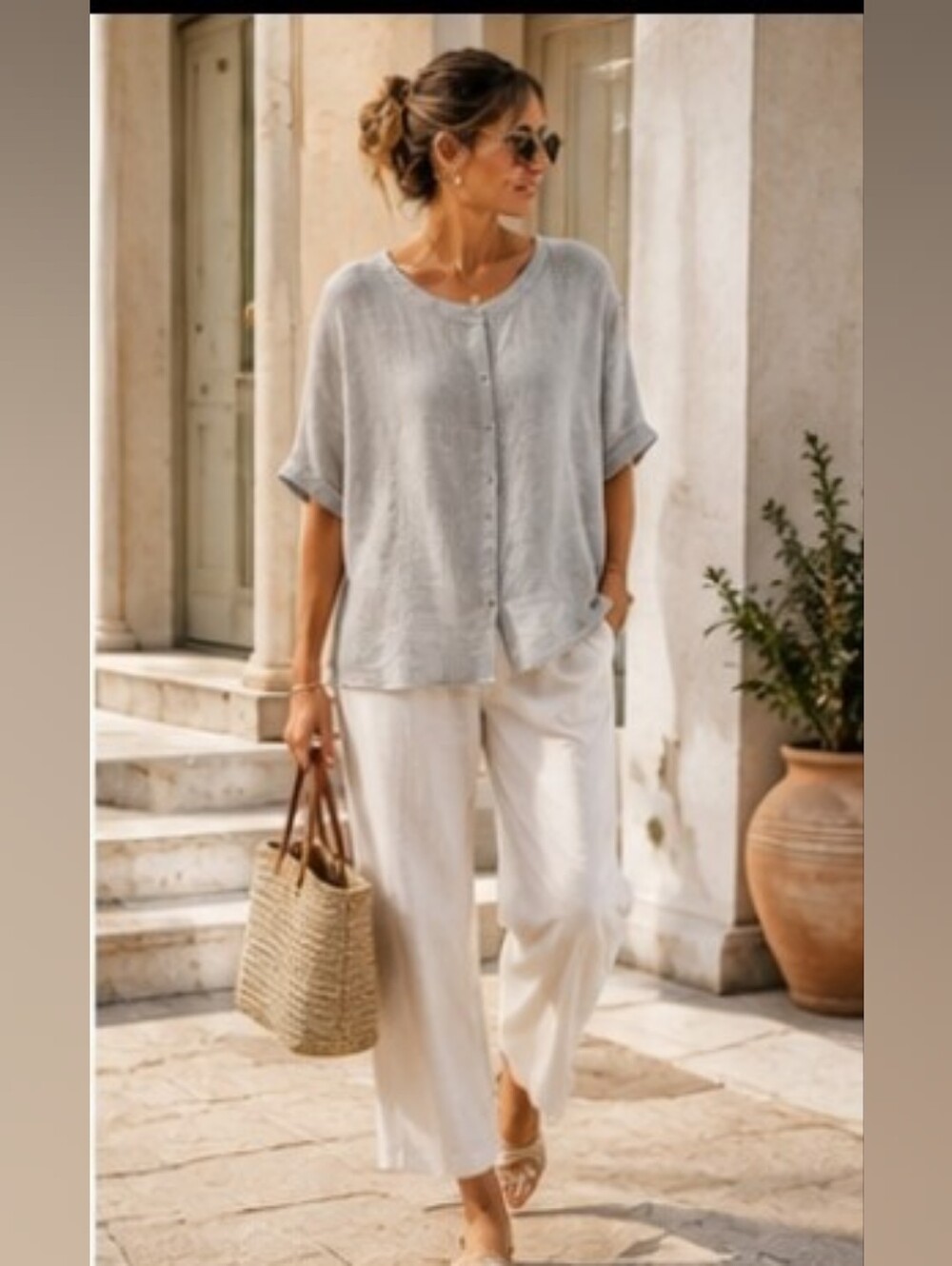 Tahari 100% Linen Oversized Tunic Blouse Small Gray Coastal Lagenlook